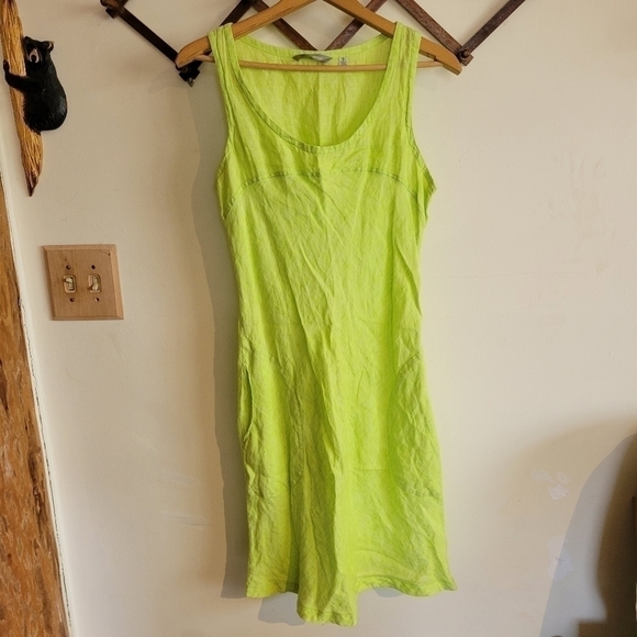 Horny Toad Tank Mini Dress Bright Green Yellow 100% Linen Pockets Small - Picture 1 of 8